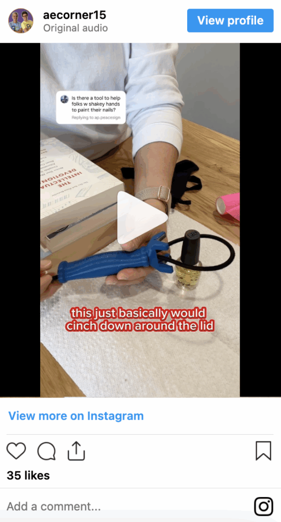 Person using the functionalhand® to hold a nail polish brush to paint nails.