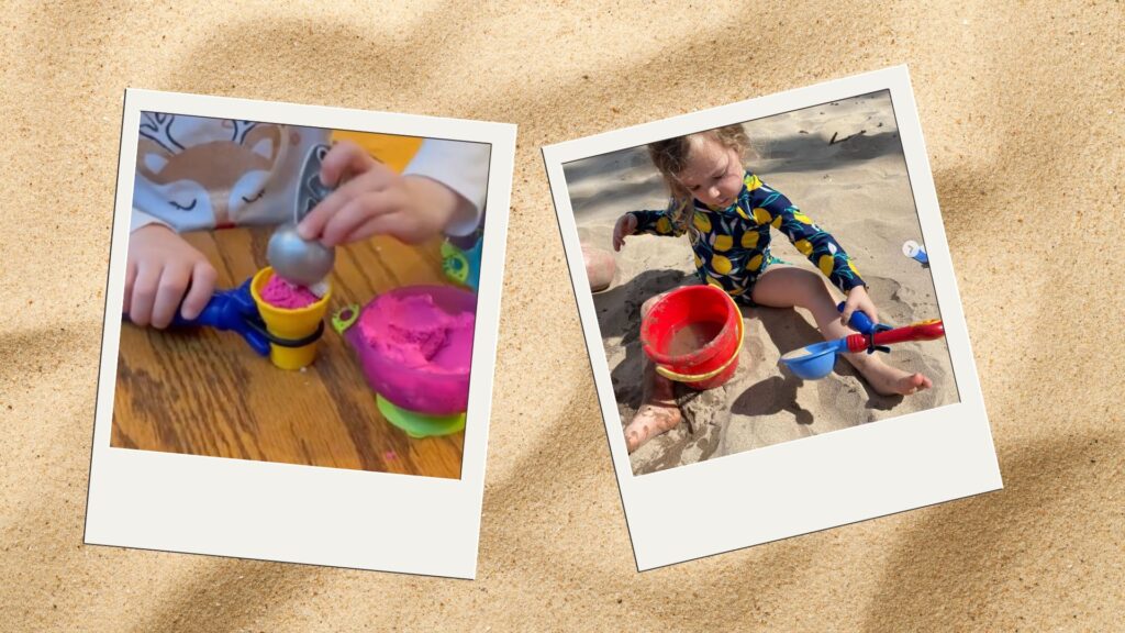 Collage of photos of children using the functionalhand® to dig in the sand at the beach and to scoop kinetic sand into a cup. 
