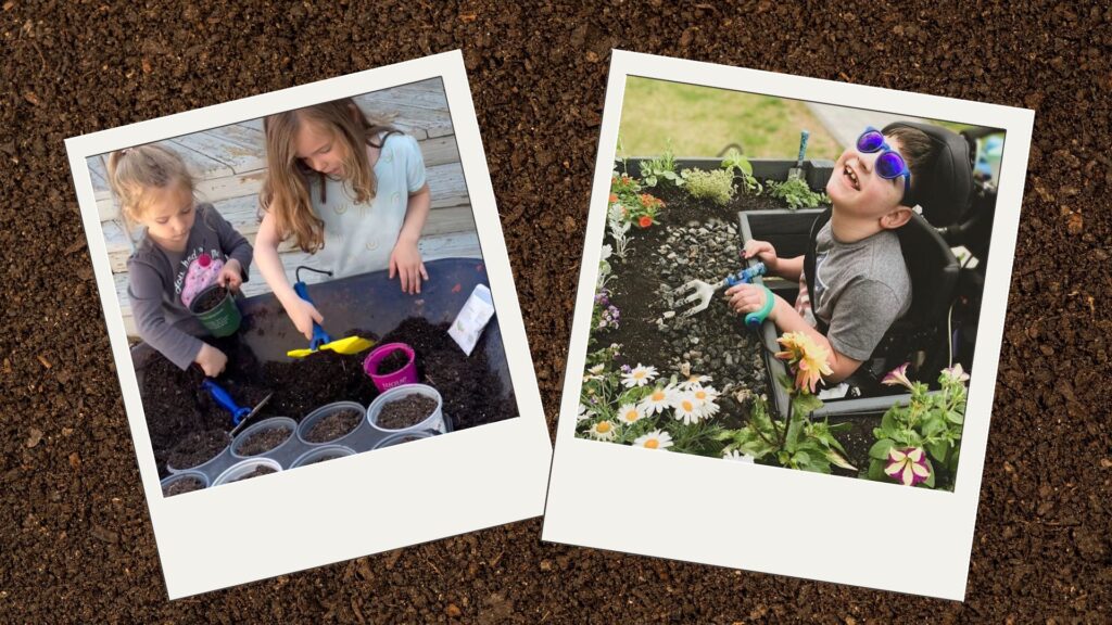 Collage of photos of children using the functionalhand® in the garden showing that gardening is an adaptive summer activity anyone can enjoy, regardless of their age or ability.