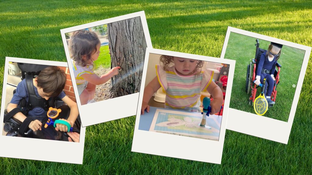 Collage of photos of children using the functionalhand® in nature, like looking at bugs and leaves through a magnifying glass, using a bug-zapper racquet to defend against mosquitoes, and a girl painting a picture of a cicada with the help of the functionalhand®.