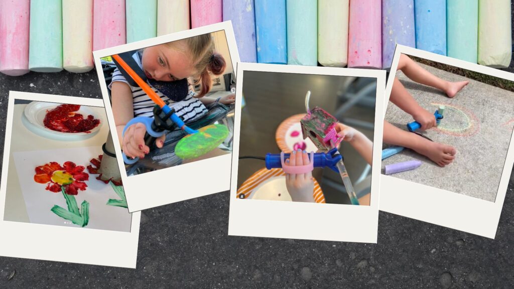 A collage of photos showing ways to use the functionalhand® in arts and crafts, like holding a paper towel tube with slits cut around the edge to stamp flower-petals onto paper with paint, holding a paintbrush to paint 