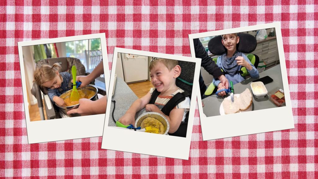 A collage of photos showing children using the functionalhand® to hold utensils to stir batter, brush sauce onto food, and butter bread for a sandwich.
