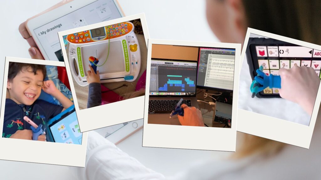 A collage of photos showing ways to use the functionalhand® universal cuff with a stylus to access digital devices, including playing a game, drawing, composing music, and communicating.