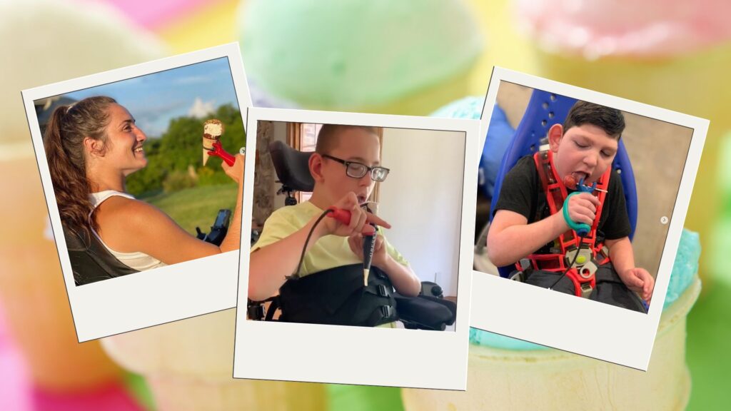 A collage of children of various ages using the functional hand to eat yummy treats like ice cream and suckers.